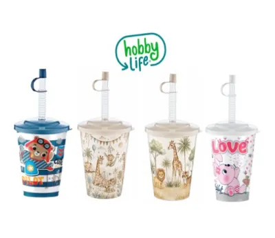 KAPAKLI DESENLİ PİPETLİ BARDAK ~500 ml