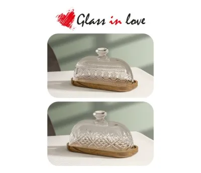 Gravürlü Cam Kapaklı Akasya Sunum Tabağı ~10,5x18 cm